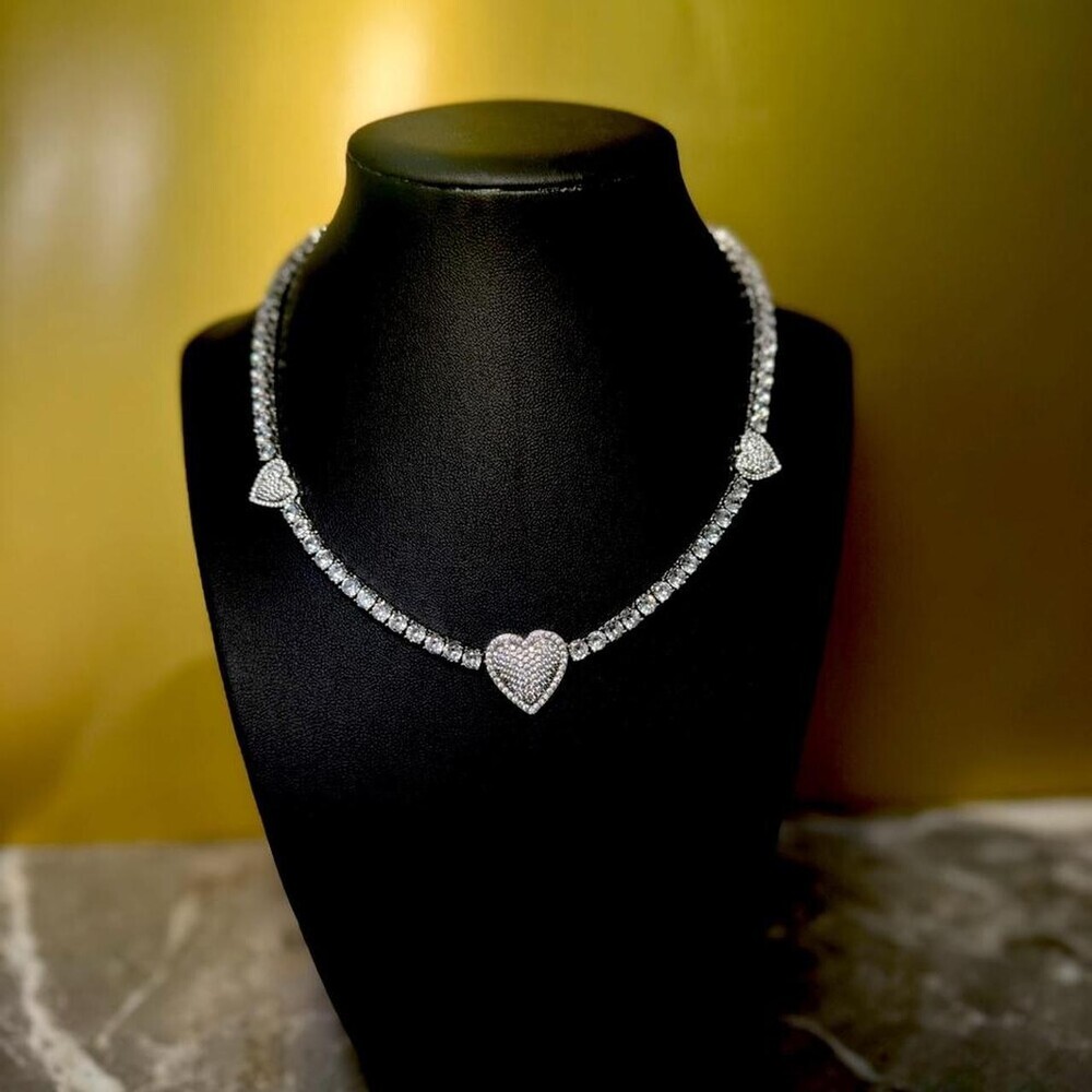Silver Heart Tennis Necklace 16 Inch 4 Cc 1